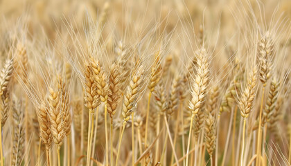 Obraz premium Ripe wheat spikes in agricultural field, closeup