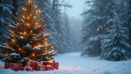 Magical Christmas tree with presents in a snowy forest, Xmas background, Generative Ai