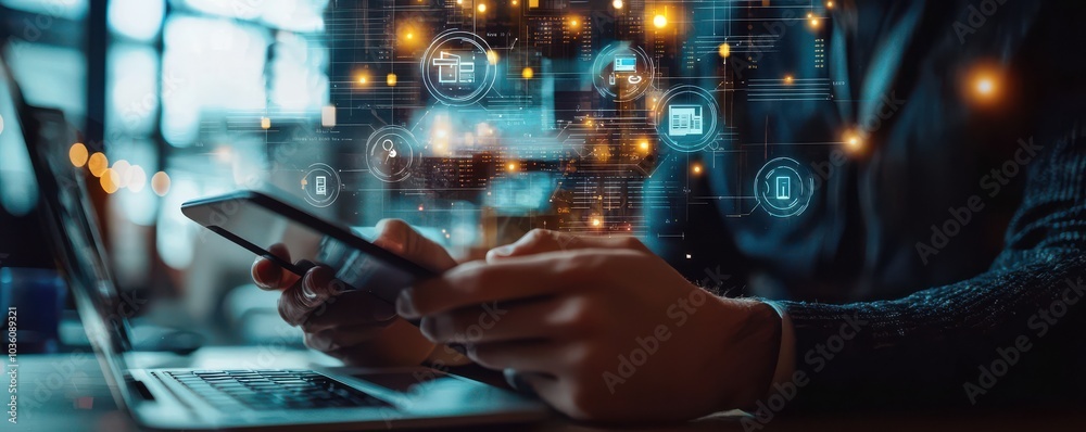Poster close-up view of hands using a mobile device with digital graphs and data overlays in a futuristic s