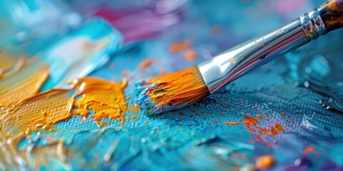 Obraz premium A paintbrush resting on a colorful canvas. AI.