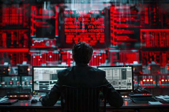 dramatic photo of a businessman sitting in front of a hacked computer system, with ominous red ransomware messages displayed on the screen. The image captures the tension and urgency