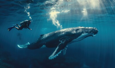 A diver swims alongside a humpback whale in the ocean. AI.