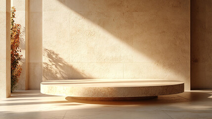 Mock up background with stage for product, Minimalistic interior with marble walls and floor, beautiful sun light and shadows