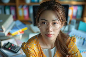 woman in a professional office setting surrounded by accounting books, a calculator, and a computer, showcasing her role as a bookkeeper and bank advisor.
