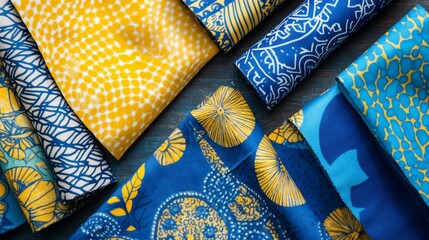 top view of blue and yellow ankara fabric, flatlay of nigerian wax cloth with designs, spread out blue and yellow ankara material 