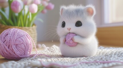 Fototapeta premium 3D Cute Baby Chinchilla Playing with Pastel-Colored Toys