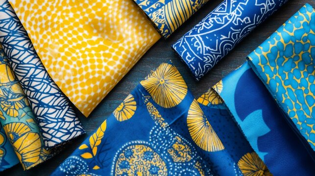 top view of blue and yellow ankara fabric, flatlay of nigerian wax cloth with designs, spread out blue and yellow ankara material 