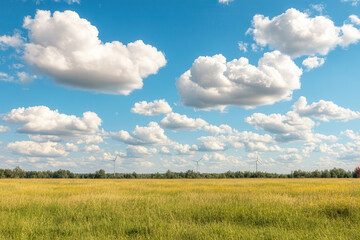 Fototapeta premium Sunny day with fluffy clouds over vast green meadow with wind turbines on the horizon