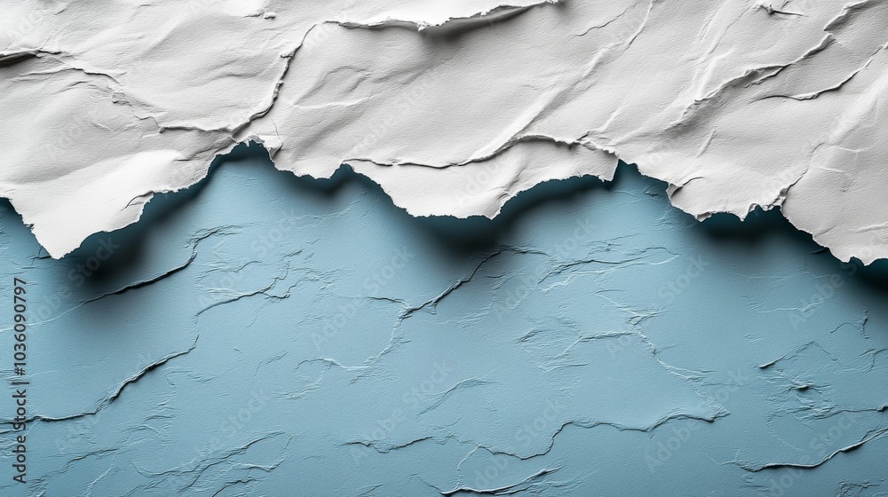 Aufkleber torn white paper edges create a dynamic contrast against a textured blue background, showcasing the 