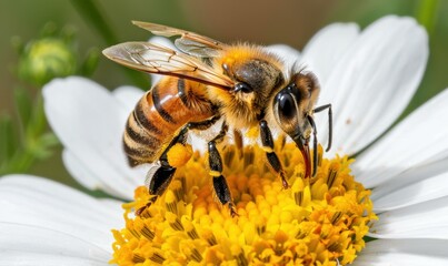 A bee collects pollen from a flower. AI.