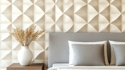 The decor showcases a beige geometric wall alongside a cozy grey bed, with a white vase of dried flowers resting on a unique bedside table, enhancing the boho aesthetic.