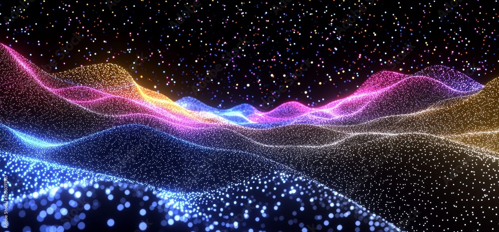 Poster big data concept. blockchain 3d illustration. waves of information and global databases. neural netw