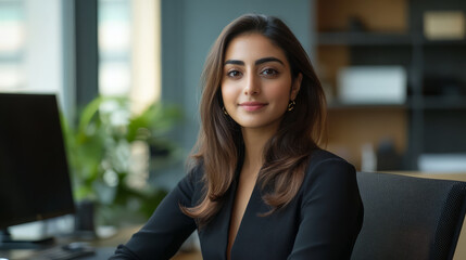 Obraz premium confident woman sits in modern office, exuding professionalism and poise. setting is bright and organized, with computer and shelves in background