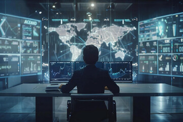 photo of a business man analyst sitting at his desk in an office, surrounded by data analytics tools and screens displaying statistics and market predictions.
