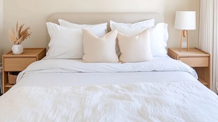 A tranquil minimalist bedroom showcases beige and brown linen bedding with orange pillows, illuminated by soft morning light streaming through white curtains
