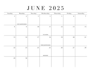 June 2025 Elegant Month Calendar Grid for North America, transparent background