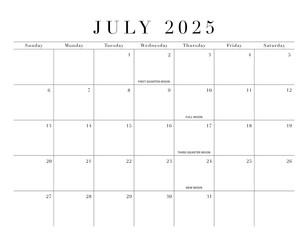 July 2025 Elegant Month Calendar Grid for North America, transparent background