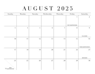 August 2025 Elegant Month Calendar Grid for North America, transparent background