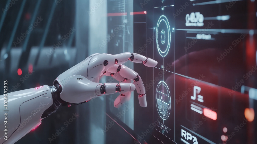Poster a robot hand is pressing a button on a futuristic screen. this represents the concept of robotic pro