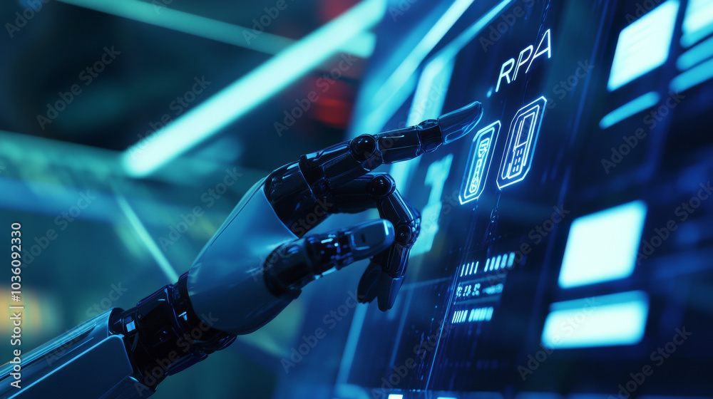 Poster a robot hand is pressing a button on a futuristic screen. this represents the concept of robotic pro