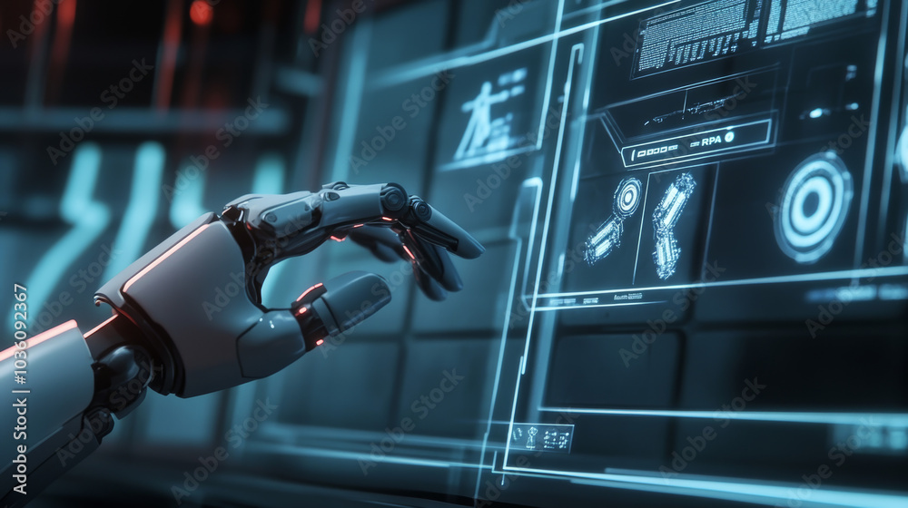 Poster a robot hand is pressing a button on a futuristic screen. this represents the concept of robotic pro