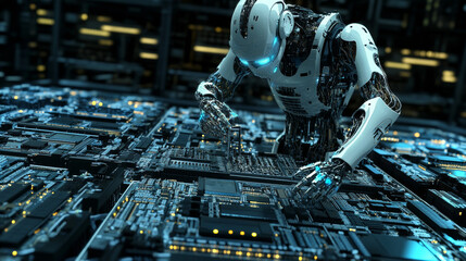A robot places electronic parts onto circuit boards quickly and precisely. This is used in factories that make electronics.  The work area is often dark.
