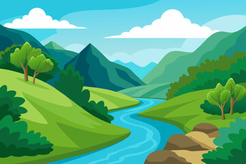 A realistic illustration of a vector landscape river with greenery