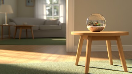 A wooden side table displays a vibrant terrarium filled with succulents, set on a lush green carpet in a cozy living room, creating a welcoming ambiance