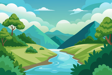 Fototapeta premium A realistic illustration of a vector landscape river with greenery