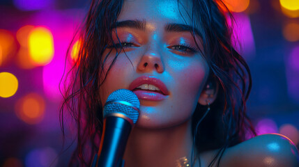 A vibrant young woman singing passionately into a microphone under colorful, neon-lit surroundings