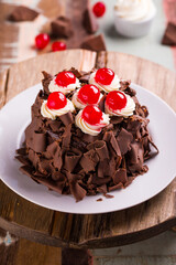 Delicious Chocolate Cake with Cherries and Whipped Cream Topping