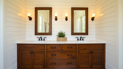 The spacious double vanity features elegant black faucets, white marble wall tiles, framed mirrors, and soft lighting, creating a sophisticated, modern bathroom aesthetic