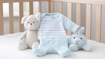 A pastel blue striped long-sleeve baby bodysuit is displayed with a light beige teddy bear and a natural wicker ring, creating a charming setup perfect for a nursery ambiance.
