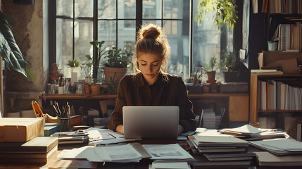Fototapeta premium A woman is sitting at a desk with a laptop and a stack of papers