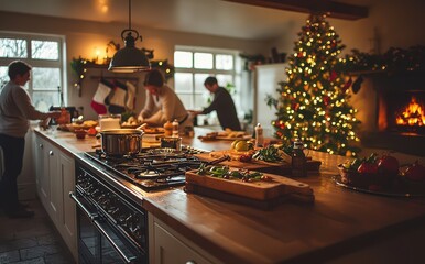 Fototapeta premium Family joyfully preparing a festive dinner together in a warmly lit kitchen decorated for Christmas, capturing the spirit of togetherness and holiday cheer