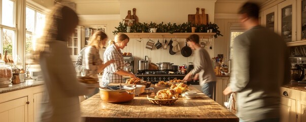Family gathering in cozy kitchen with holiday decor and warm lighting, preparing food during festive Christmas season