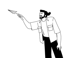 outline man with a beard in a vest with pockets launching a paper airplane. Vector illustration