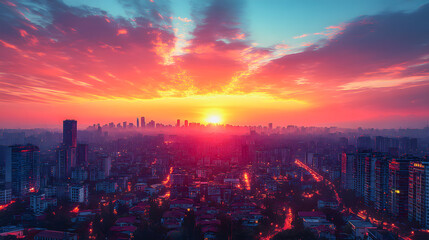 Fototapeta premium A vibrant cityscape at dawn, with colorful buildings reflecting the early morning light, capturing the essence of urban life and energy