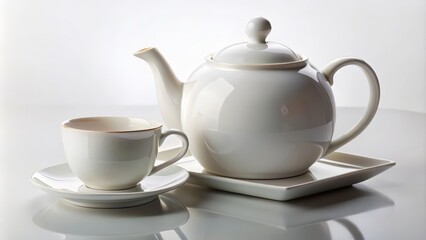 Classic white teapot and teacup are standing on a white table reflecting in the surface