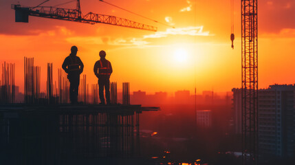 A shadowy image of a builder and a worker stands against the setting sun on a construction site.