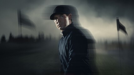 Focused Golfer: Dramatic, motion-blurred image of a golfer in intense concentration on a golf course at dusk. The blurred background enhances the sense of speed and focus. 