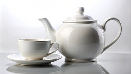 Classic white teapot and teacup are standing on a white table reflecting in the surface