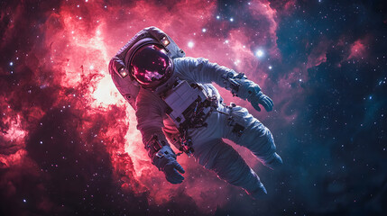 Obraz premium An astronaut floating in space near a colorful nebula, stars twinkling in the background, representing the vastness of the universe and human exploration