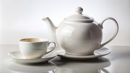 Classic white teapot and teacup are standing on a white table reflecting in the surface