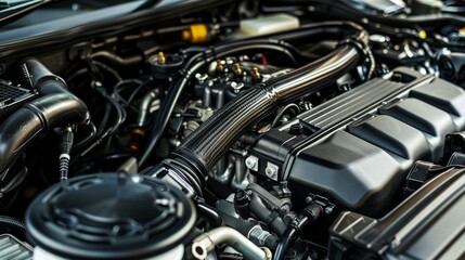 A detailed view of a car's engine bay, with textures of metal and plastic components, Automotive setting with intricate details