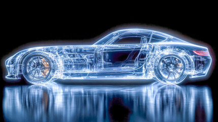Transparent X-ray view of an electric car with glowing internal systems, showcasing the chassis, engine, and wiring