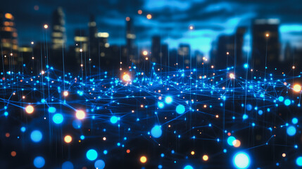 Obraz premium Smart digital Innovation city with connection network reciprocity over the cityscape. of future smart wireless digital city and social media networking systems that connects people with in city