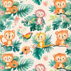 Naklejka premium Seamless pattern Whimsical Jungle Scene Featuring Colorful Animals Amidst Lush Tropical Plants Perfect for Children's Decor, Educational Materials, and Nature-Themed Projects