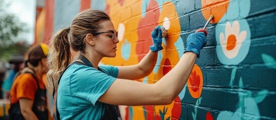 Obraz premium Young woman painting a colorful mural on a brick wall.