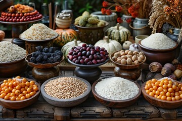 An array of colorful grains, nuts, and fruits is beautifully arranged in decorative bowls. The setting is rich with autumnal decor, showcasing a bountiful harvest atmosphere